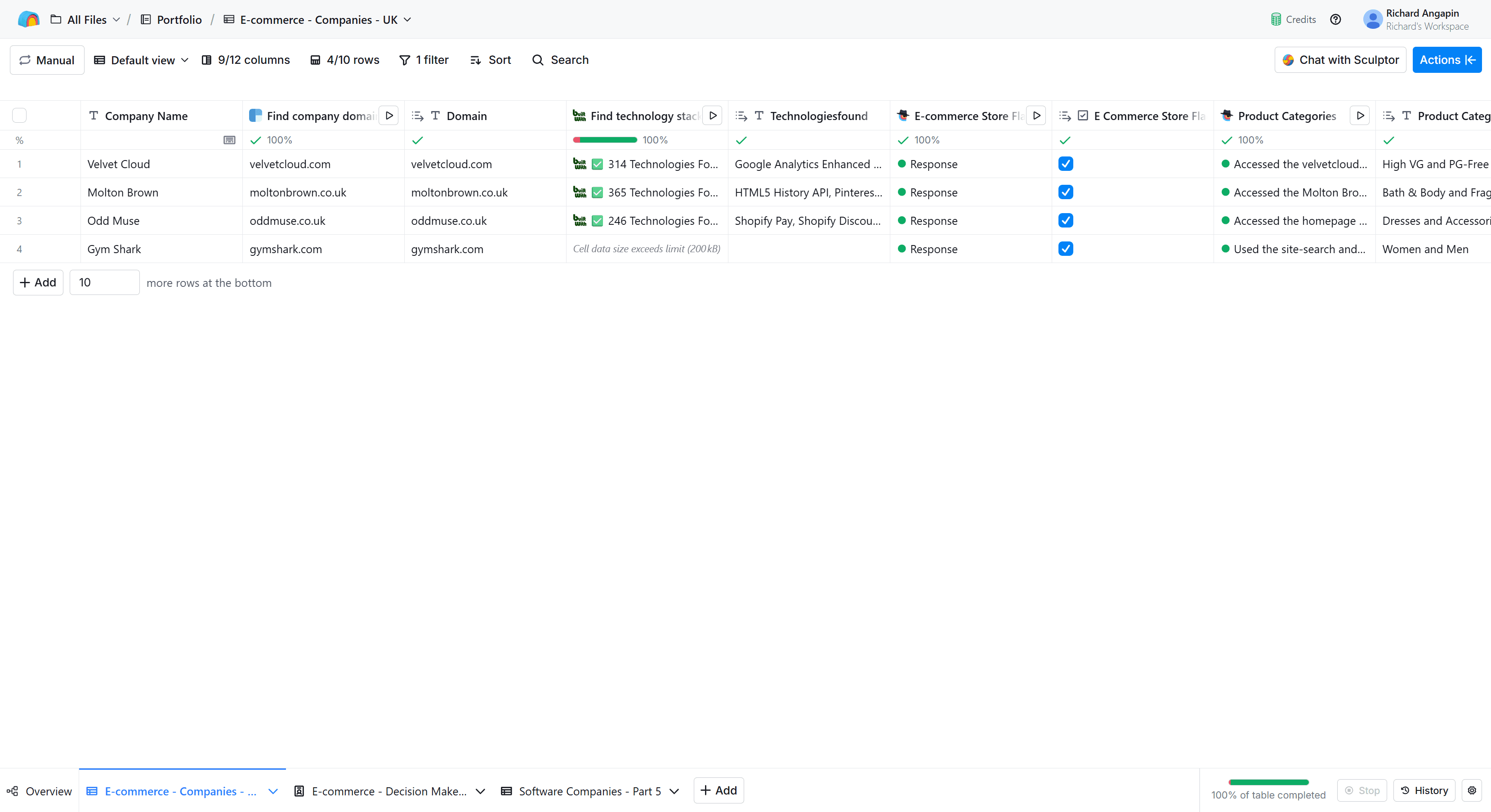 Table Clay des entreprises e-commerce UK avec résultats de qualification.